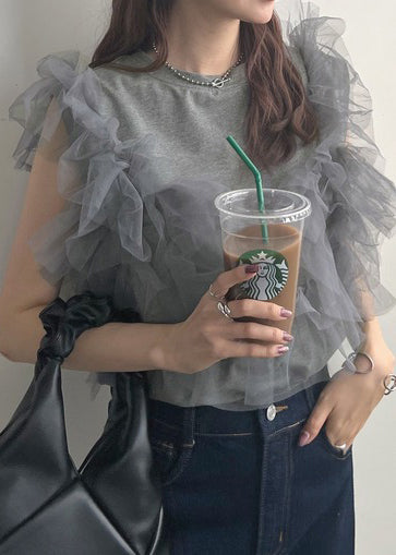 Chic Grey O-Neck Patchwork Tulle Vest Tops Summer