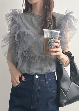 Chic Grey O-Neck Patchwork Tulle Vest Tops Summer