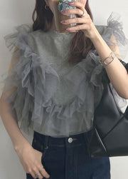 Chic Grey O-Neck Patchwork Tulle Vest Tops Summer