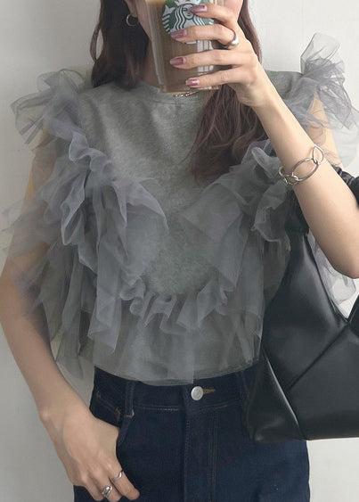 Chic Grey O-Neck Patchwork Tulle Vest Tops Summer