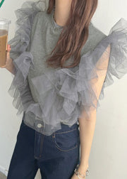 Chic Grey O-Neck Patchwork Tulle Vest Tops Summer