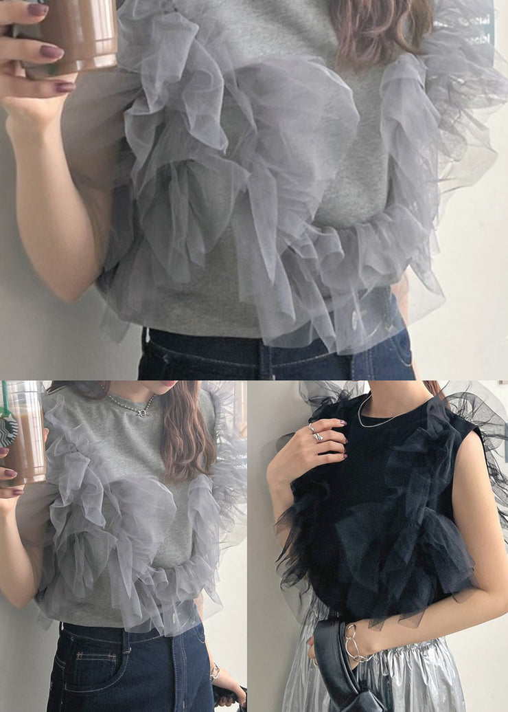 Chic Grey O-Neck Patchwork Tulle Vest Tops Summer