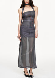 Chic Grey One Shoulder Patchwork Tulle Dress Sleeveless