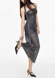 Chic Grey One Shoulder Patchwork Tulle Dress Sleeveless