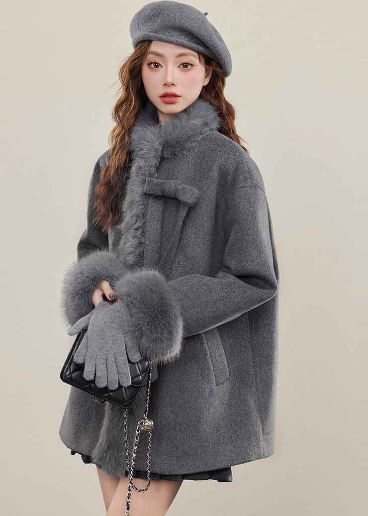 Chic Grey Oversized Patchwork Faux Fur Wool Trench Winter