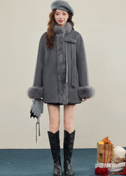 Chic Grey Oversized Patchwork Faux Fur Wool Trench Winter