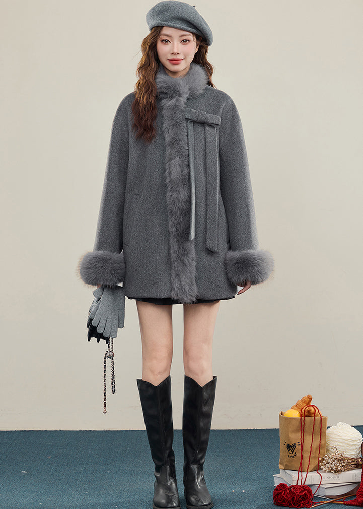 Chic Grey Oversized Patchwork Faux Fur Wool Trench Winter