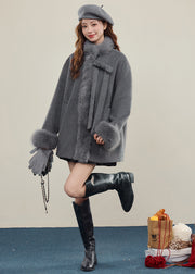 Chic Grey Oversized Patchwork Faux Fur Wool Trench Winter