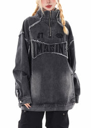 Chic Grey Oversized Stand Collar Embroidered Denim Pullover Coats Spring