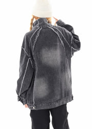 Chic Grey Oversized Stand Collar Embroidered Denim Pullover Coats Spring