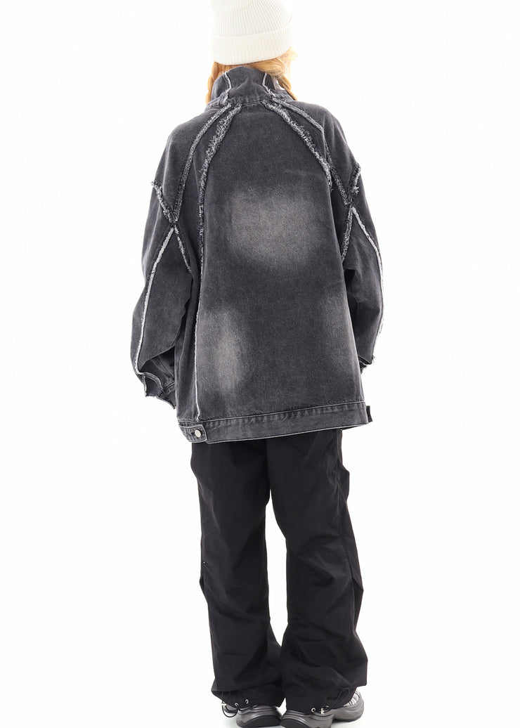 Chic Grey Oversized Stand Collar Embroidered Denim Pullover Coats Spring