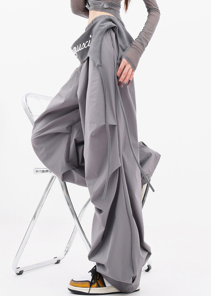 Chic Grey Pockets Wrinkled Cotton Wide Leg Pants Fall