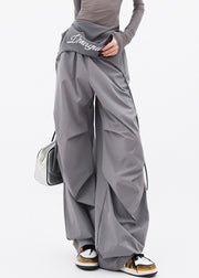 Chic Grey Pockets Wrinkled Cotton Wide Leg Pants Fall