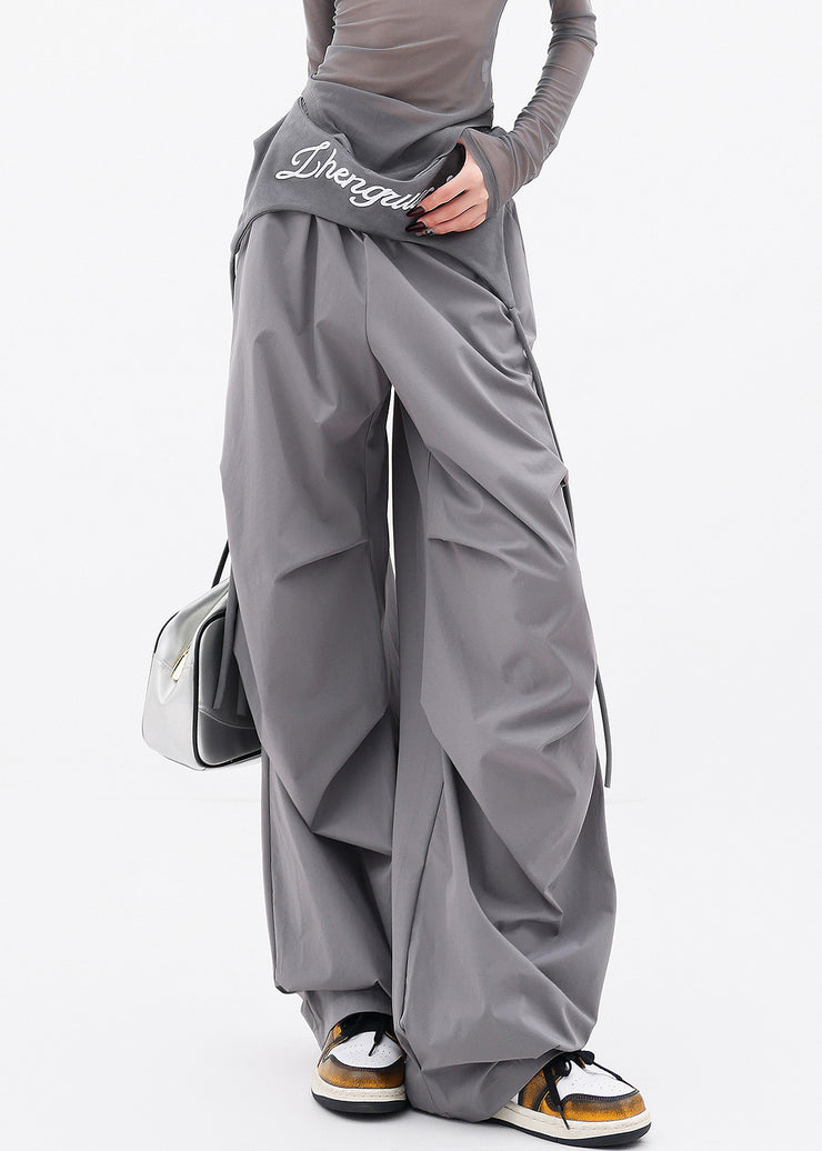Chic Grey Pockets Wrinkled Cotton Wide Leg Pants Fall