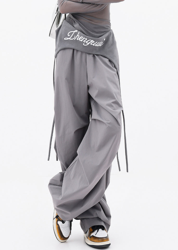 Chic Grey Pockets Wrinkled Cotton Wide Leg Pants Fall