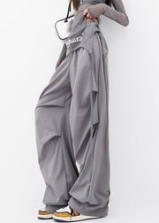Chic Grey Pockets Wrinkled Cotton Wide Leg Pants Fall