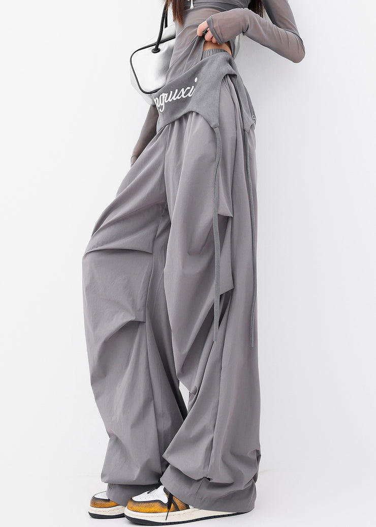 Chic Grey Pockets Wrinkled Cotton Wide Leg Pants Fall