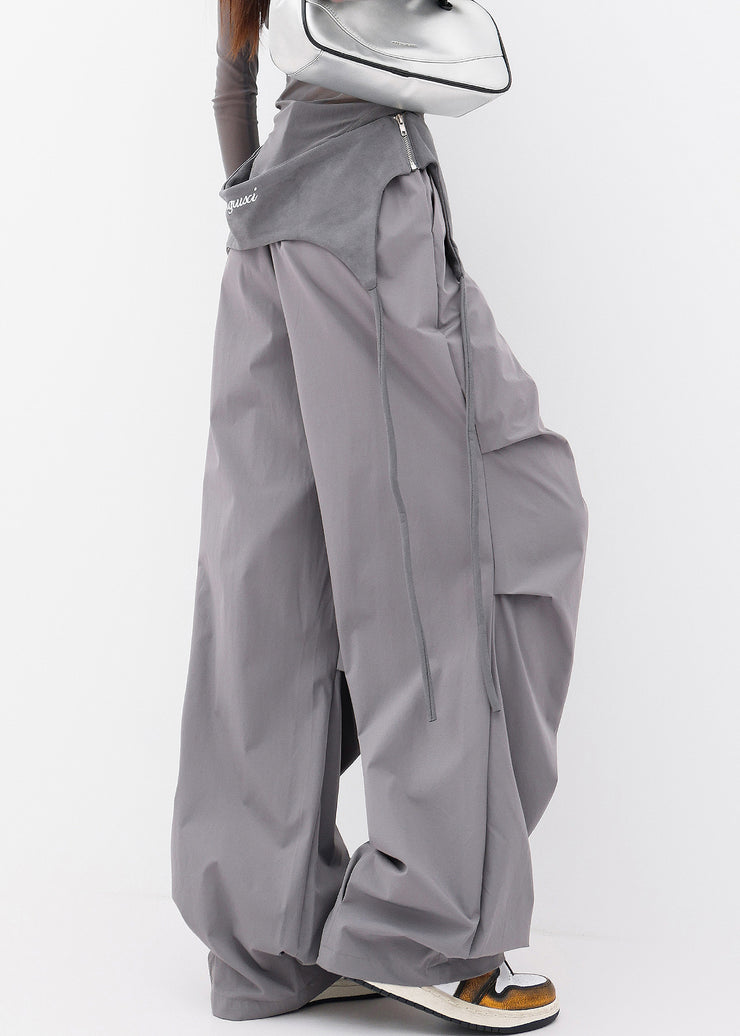 Chic Grey Pockets Wrinkled Cotton Wide Leg Pants Fall