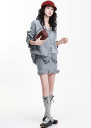 Chic Grey Ruffled Flower Decorated Knit Cardigan And Skirt 2 Piece Outfit Winter
