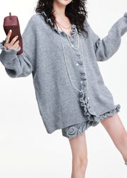 Chic Grey Ruffled Flower Decorated Knit Cardigan And Skirt 2 Piece Outfit Winter