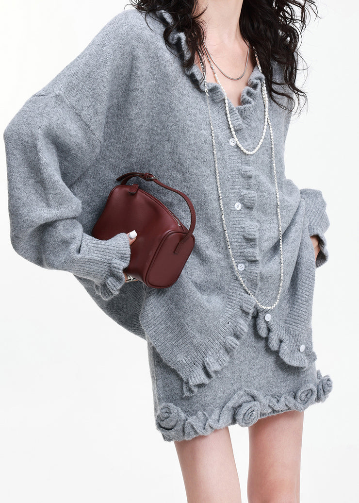 Chic Grey Ruffled Flower Decorated Knit Cardigan And Skirt 2 Piece Outfit Winter