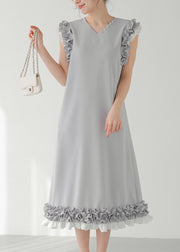 Chic Grey Ruffled Patchwork Pearl Decorated Straight Dress Sleeveless