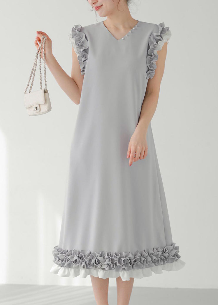 Chic Grey Ruffled Patchwork Pearl Decorated Straight Dress Sleeveless