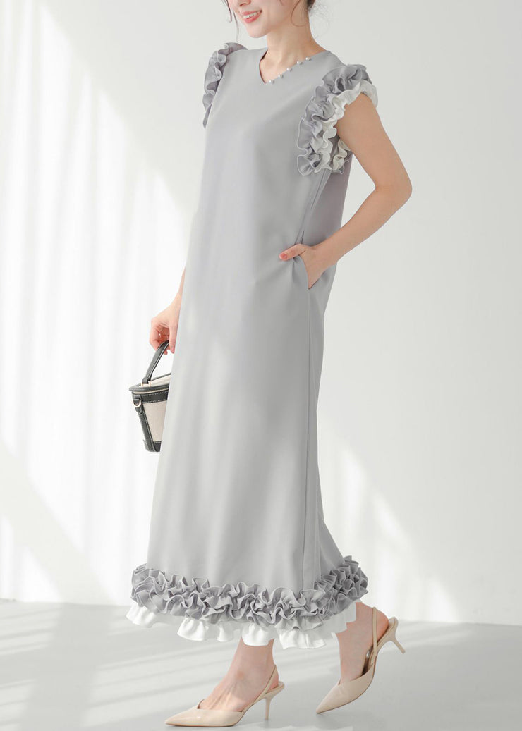 Chic Grey Ruffled Patchwork Pearl Decorated Straight Dress Sleeveless