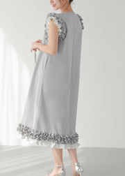 Chic Grey Ruffled Patchwork Pearl Decorated Straight Dress Sleeveless