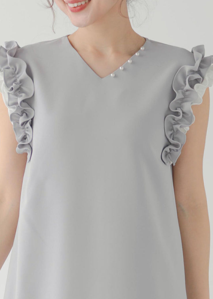 Chic Grey Ruffled Patchwork Pearl Decorated Straight Dress Sleeveless