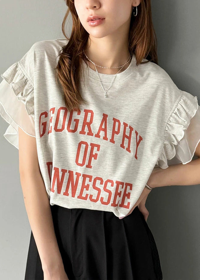 Chic Grey Ruffled Patchwork Print Cotton Tops Summer