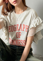 Chic Grey Ruffled Patchwork Print Cotton Tops Summer