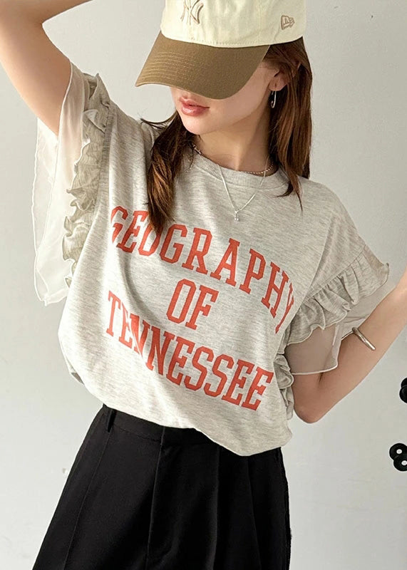 Chic Grey Ruffled Patchwork Print Cotton Tops Summer
