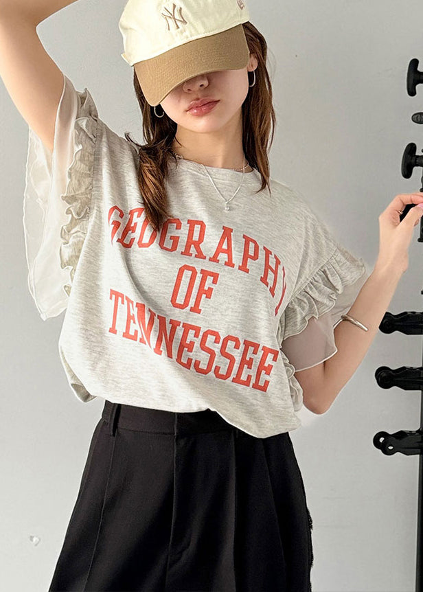 Chic Grey Ruffled Patchwork Print Cotton Tops Summer