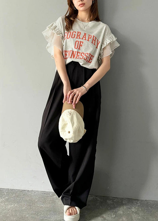 Chic Grey Ruffled Patchwork Print Cotton Tops Summer