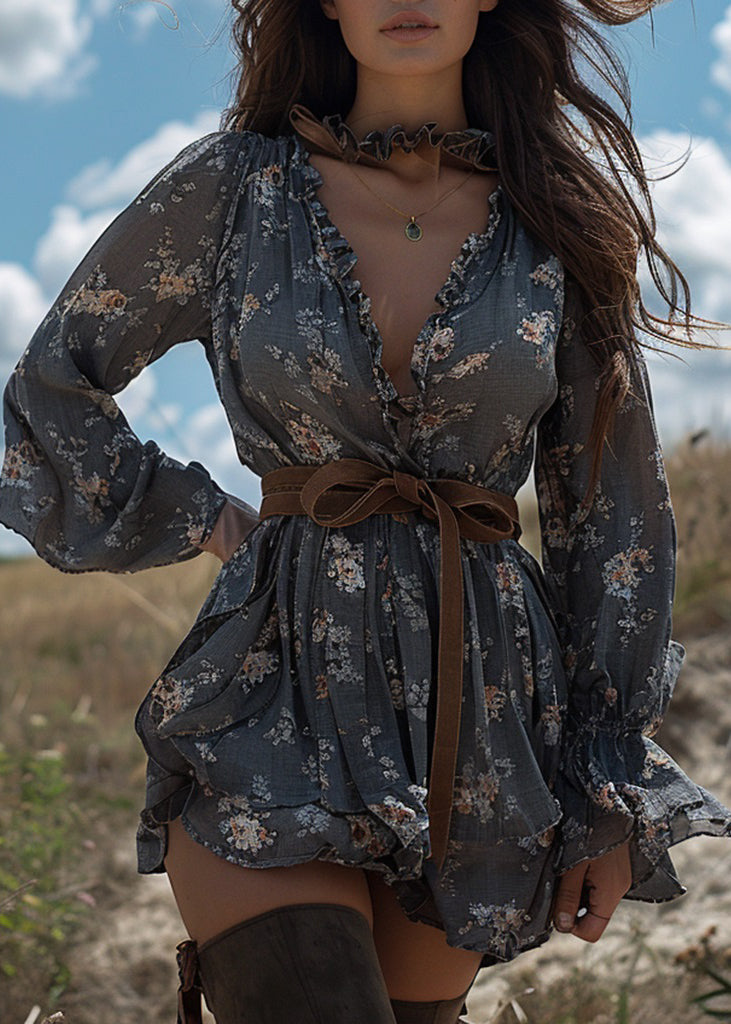 Chic Grey Ruffled Print Patchwork Cotton Mini Dress Long Sleeve