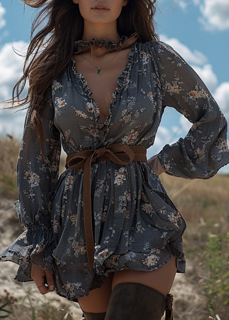 Chic Grey Ruffled Print Patchwork Cotton Mini Dress Long Sleeve