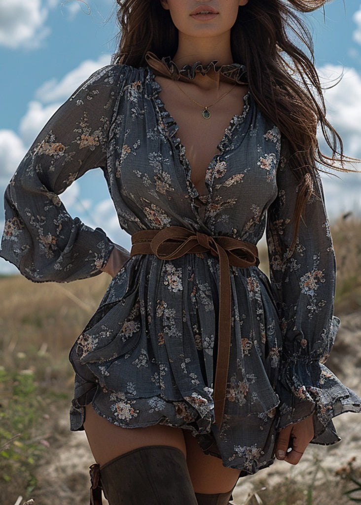 Chic Grey Ruffled Print Patchwork Cotton Mini Dress Long Sleeve