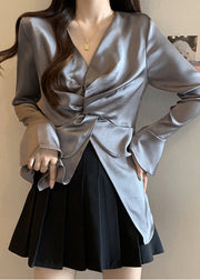 Chic Grey Side Open Wrinkled Silk Shirt Tops Fall