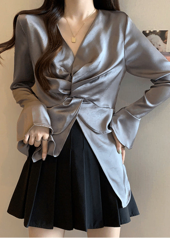 Chic Grey Side Open Wrinkled Silk Shirt Tops Fall