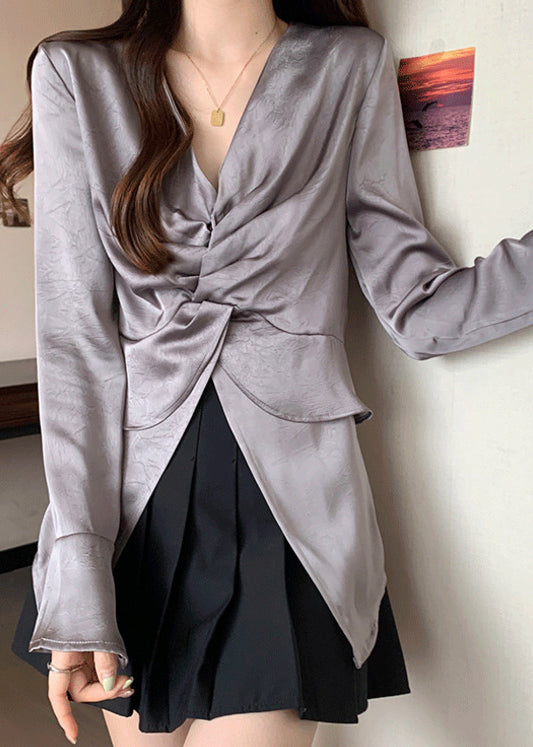 Chic Grey Side Open Wrinkled Silk Shirt Tops Fall