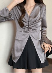 Chic Grey Side Open Wrinkled Silk Shirt Tops Fall
