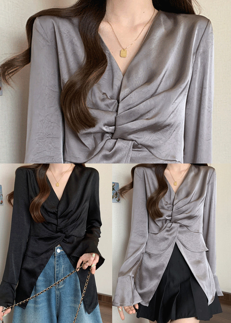 Chic Grey Side Open Wrinkled Silk Shirt Tops Fall