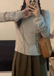 Chic Grey Turtleneck Patchwork Floral Top Fall