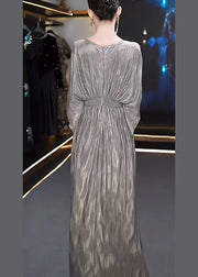 Chic Grey V Neck High Waist Silk Long Dresses Summer