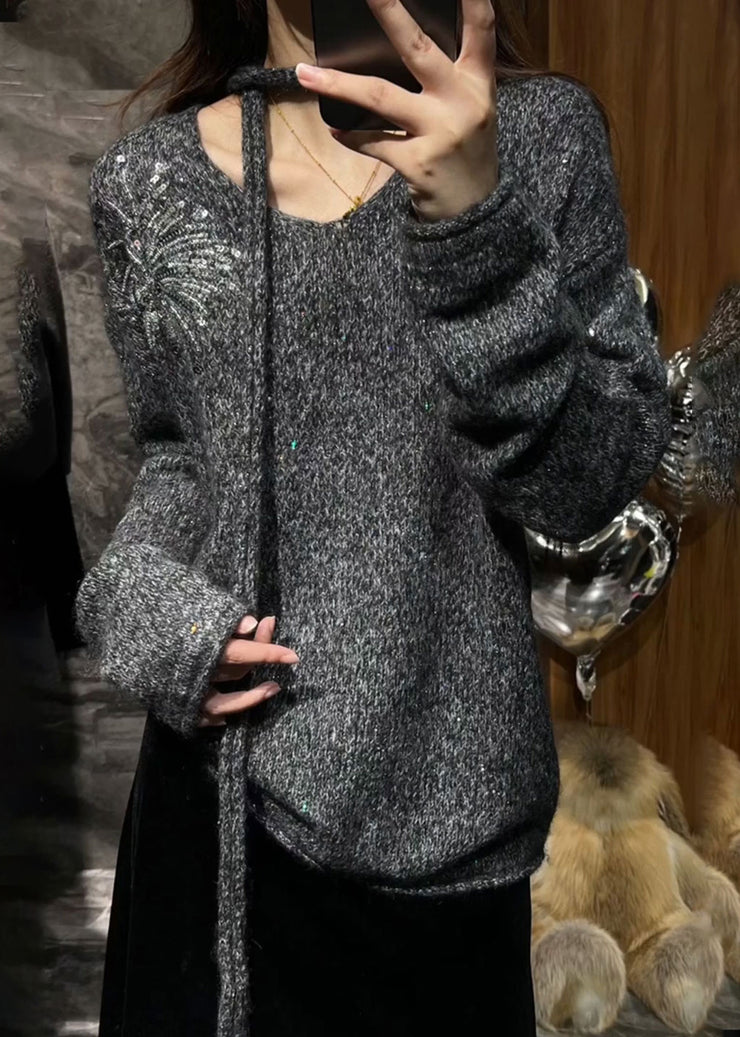 Chic Grey V Neck Sequins Cotton Knit Sweater Fall