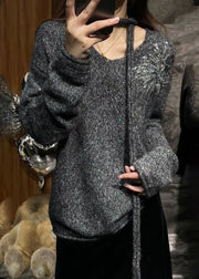 Chic Grey V Neck Sequins Cotton Knit Sweater Fall