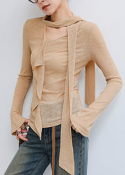 Chic Khaki Asymmetrical Cotton Blouse Top Spring