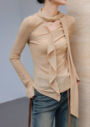 Chic Khaki Asymmetrical Cotton Blouse Top Spring