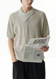 Chic Khaki Asymmetrical Hollow Out Knit Graphic Tees Men Summer